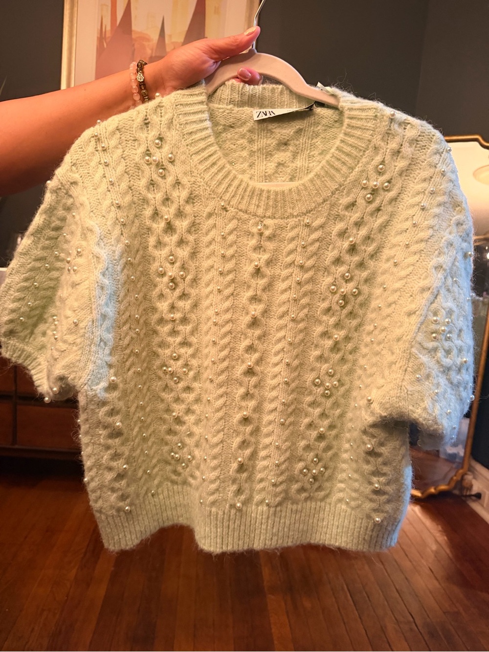 Zara Pearl-Embellished Cable Knit Sweater - Pale Mint